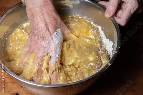 Hand kneading robiols dough, Mallorcan recipe, typical of Easter