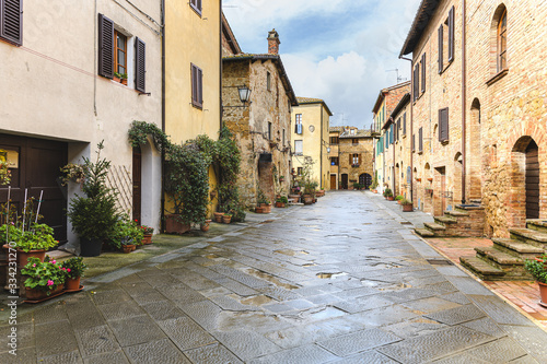 Walk on a rainy day through the streets of the beautiful town  Pienza  Tuscany