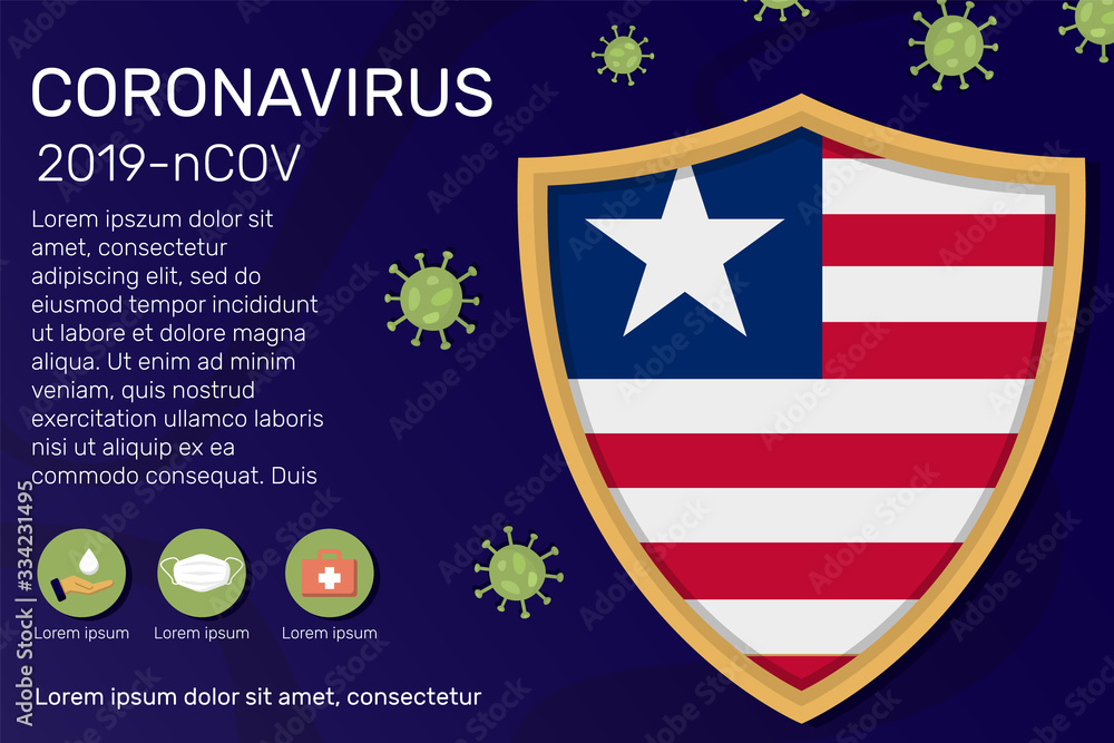 Shield covering and protecting of Liberia. Conceptual banner, poster, advisory steps to follow during the outbreak of Covid-19, coronavirus. Do not panic stop corona virus together
