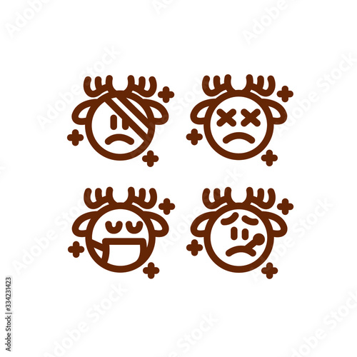 Deer Emoticon Set, Injured, Sick, Virus, Exhausted & Fever, Vector Illustrations.