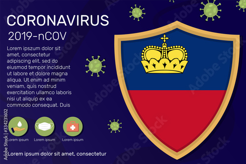 Shield covering and protecting of Liechtenstein. Conceptual banner, poster, advisory steps to follow during the outbreak of Covid-19, coronavirus. Do not panic stop corona virus together
