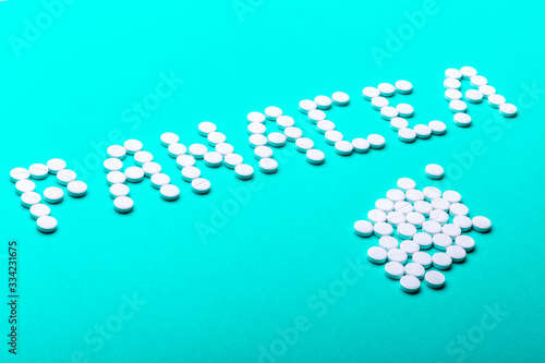 The inscription "Panacea" made of pills on a green background.