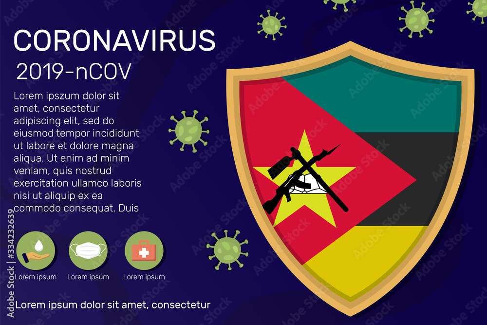 Shield covering and protecting of Mozambique. Conceptual banner, poster, advisory steps to follow during the outbreak of Covid-19, coronavirus. Do not panic stop corona virus together
