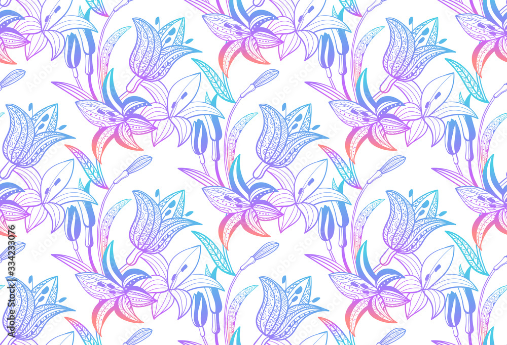 Lilies seamless pattern. Violet lilac gradient ornamental flower pattern. Vector illustration.