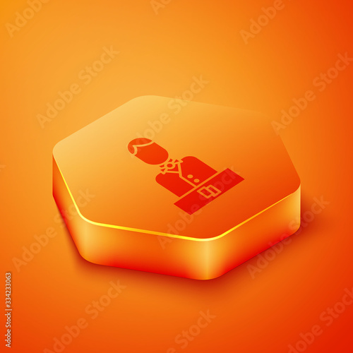 Isometric Casino dealer icon isolated on orange background. Casino croupier. Orange hexagon button. Vector Illustration