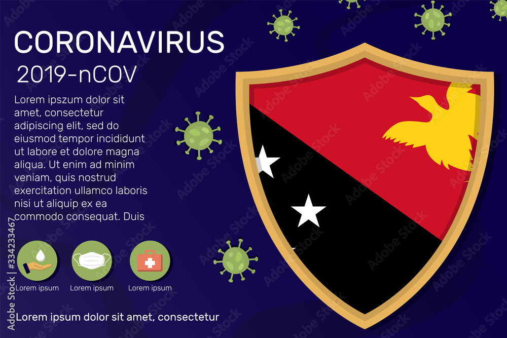 Shield covering and protecting of Papua New Guinea. Conceptual banner, poster, advisory steps to follow during the outbreak of Covid-19, coronavirus. Do not panic stop corona virus together