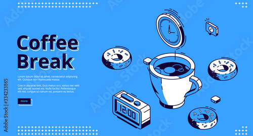 Coffee break isometric landing page. Round clock and huge cup with hot beverage, donuts and alarm clock with 12 a.m time on dial. Business person breakfast, 3d vector illustration, line art web banner