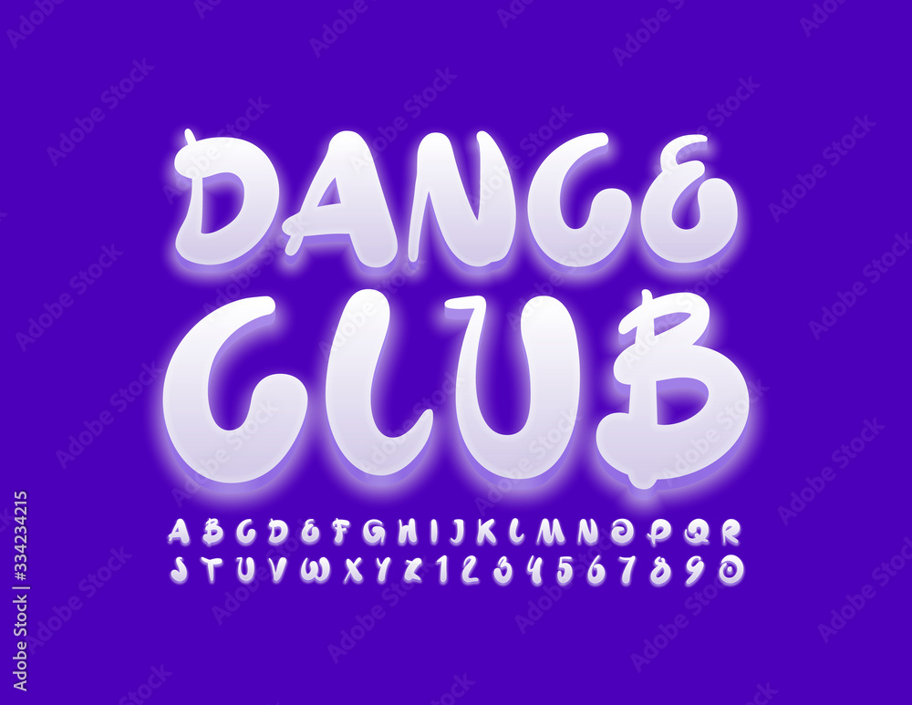 Vector bright sign Dance Club. White playful Font. Creative Alphabet Letters and Numbers