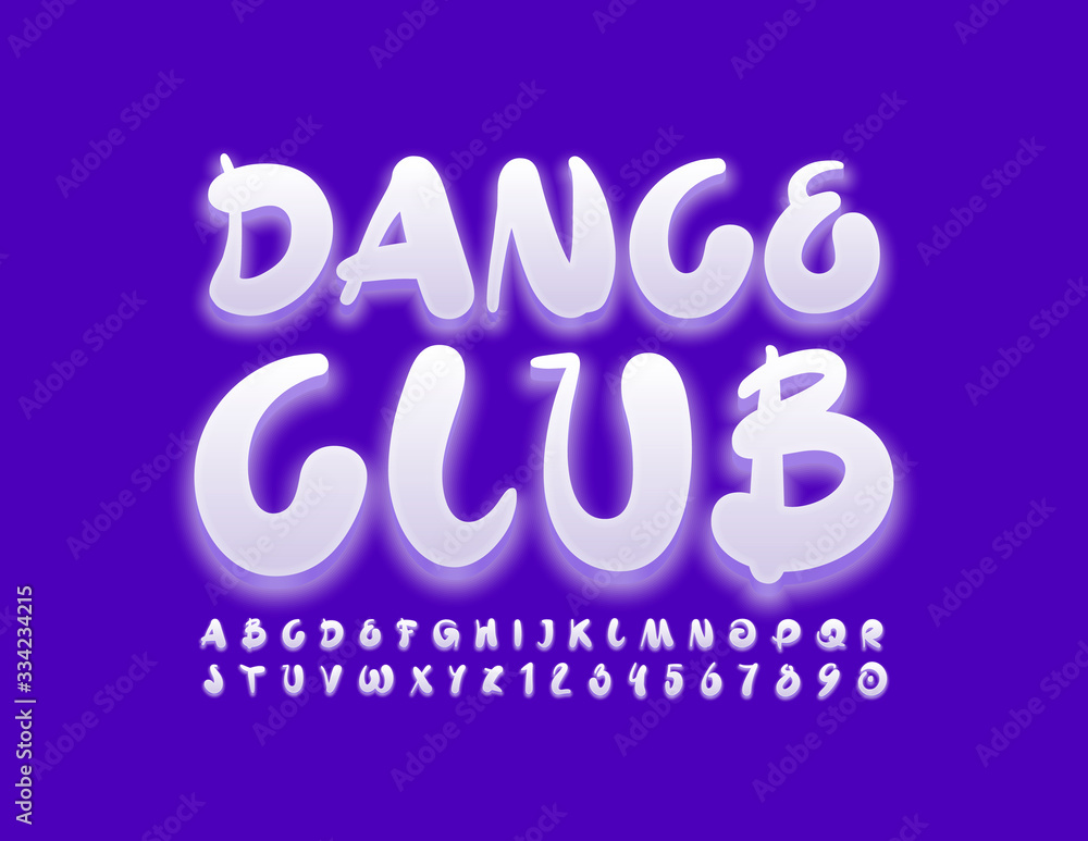 Vector bright sign Dance Club. White playful Font. Creative Alphabet Letters and Numbers Vector bright sign Dance Club. White playful Font. Creative Alphabet Letters and Numbers