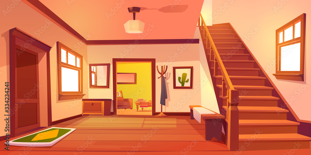 Rustic house hallway entrance interior with wooden stairs and furniture.  Western style apartment with door, hanger, carpet, cowboy hat on table and  cactus picture on wall. Cartoon vector illustration. Stock Vector |