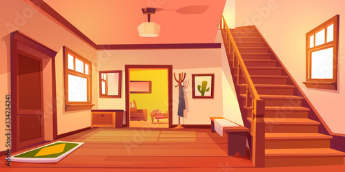 Rustic house hallway entrance interior with wooden stairs and furniture. Western style apartment with door, hanger, carpet, cowboy hat on table and cactus picture on wall. Cartoon vector illustration.