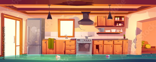 Flooded rustic kitchen, abandoned empty interior with broken wooden furniture and cracked walls and dirty stuff table, oven, range hood, fridge decrepit cooking equipment, Cartoon vector illustration