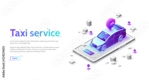 Taxi service banner for website. Mobile application for online order passenger carrier. Vector landing page for taxi delivery with isometric illustration of car on smartphone screen