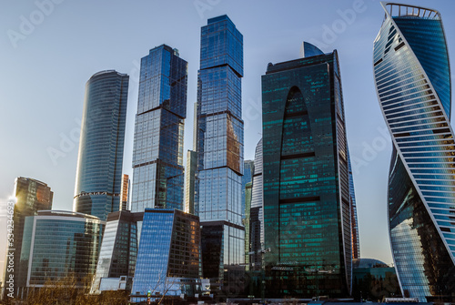 Scenic view with skyscrapers of the Moscow City International Business Center. Early morning view on high rise modern buildings