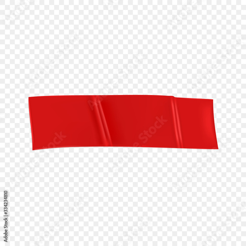 Red duct repair tape isolated on transparent background. Realistic red adhesive tape piece for fixing. Scotch paper glued. Realistic 3d vector illustration