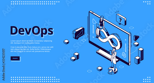 Devops isometric landing page, development and operation specialists work collaboration. Programmer and businesswoman at huge pc. Automation cycles software construction. 3d vector line art web banner
