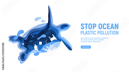 Ocean plastic pollution page template with turtle silhouette. Paper cut tortoise with plastic rubbish, fish, bubbles and coral reefs isolated on white background. Paper art vector illustration