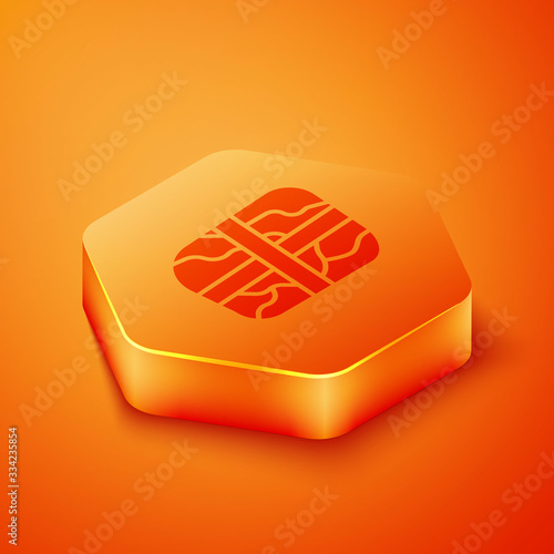 Isometric Package with cocaine icon isolated on orange background. Health danger. Orange hexagon button. Vector Illustration