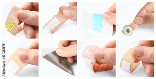 Tableau sur toile Set of woman putting sticking plaster on white background