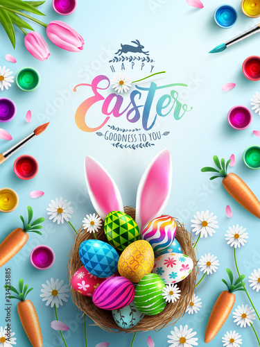 Easter poster and banner template with Easter eggs in the nest on light blue background.Greetings and presents for Easter Day in flat lay styling.Promotion and shopping template for Easter