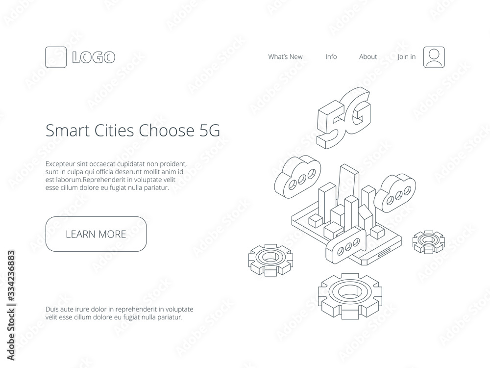 5g wireless. Speed telecommunication online clouds internet in city innovation broadcast technology vector line landing page. Linear 5g online speed, internet connect city illustration 5g wireless. Speed telecommunication online clouds internet in city innovation broadcast technology vector line landing page. Linear 5g online speed, internet connect city illustration