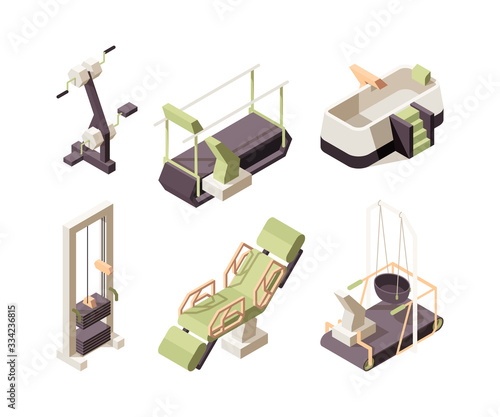 Rehabilitation center. Training equipment for disabled people medical healthy clinic assistant exercise people professional treatment vector isometric. Illustration rehabilitation, medical therapy