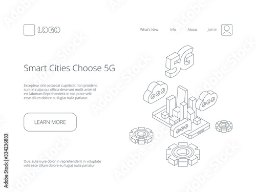 5g wireless. Speed telecommunication online clouds internet in city innovation broadcast technology vector line landing page. Linear 5g online speed, internet connect city illustration