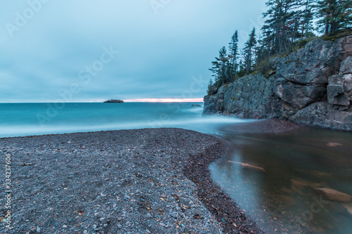 Waves Wash In From Lake Superior Against Rocky Shoreline at Black Beach Park, Tettegouche State Park, Minnesota, USA
