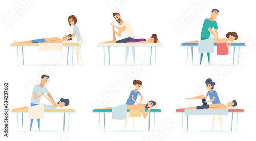 Massage therapy. Spa relax physiotherapy procedure remedial massage injury sport stretching doctor vector cartoon illustrations. Therapy spa procedure, therapist and massage