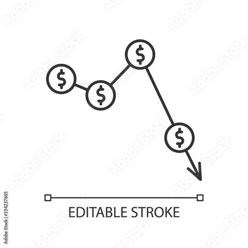 Crysis, currency depreciation pixel perfect linear icon. Inflation, exchange rates decline. Thin line customizable illustration. Contour symbol. Vector isolated outline drawing. Editable stroke
