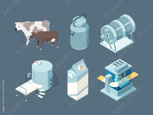 Dairy food. Milk farm products production ice cream cheese yogurt vector isometric set. Food farm milk, dairy farming industry illustration