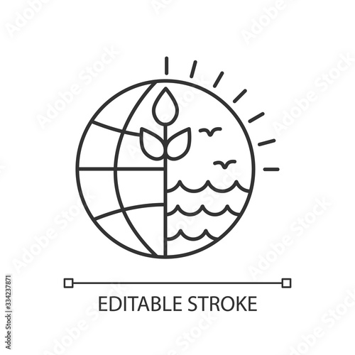 Natural resources pixel perfect linear icon. Eco friendly industry, ecosystem care. Thin line customizable illustration. Contour symbol. Vector isolated outline drawing. Editable stroke