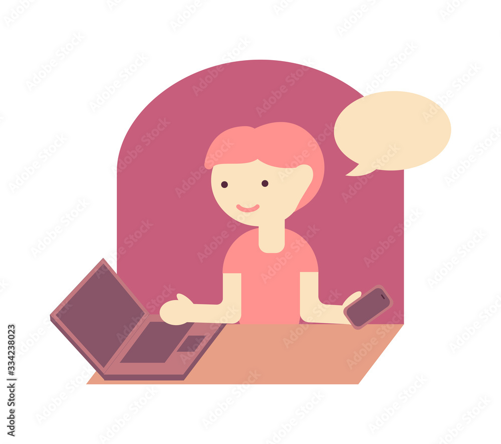 Young girl with laptop and smartphone at the workplace. Color vector flat isolated illustration. Young girl with laptop and smartphone at the workplace. Color vector flat isolated illustration.