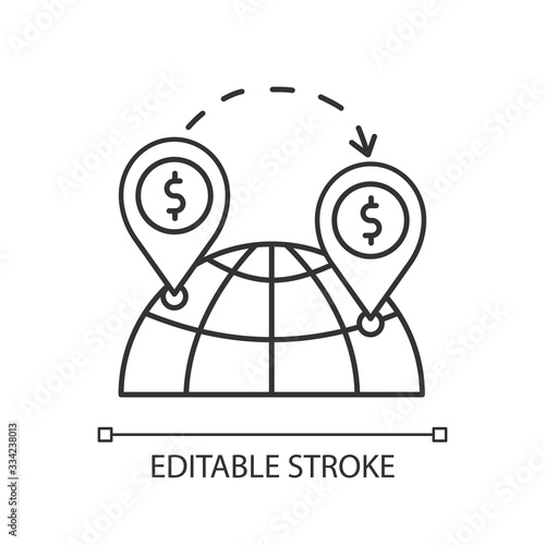 Foreign direct investment pixel perfect linear icon. World business, controlling ownership. Thin line customizable illustration. Contour symbol. Vector isolated outline drawing. Editable stroke
