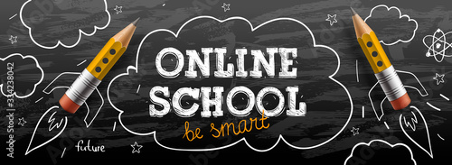 Online School. Digital internet tutorials and courses, online education, e-learning. Web banner template for website and mobile app development. Doodle style vector illustration.