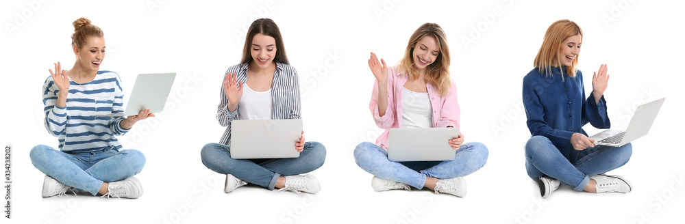 Naklejka premium Collage of women with laptops on white background. Banner design