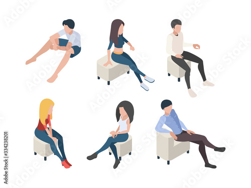 Sitting people. Characters in couch armchairs humans male and female persons in relax poses vector isometric. Illustration people sit couch, man guy sitting