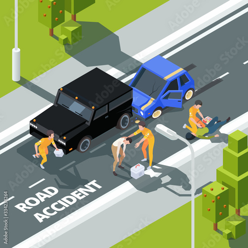 Accidence road. Paramedic first aid help to people police and medical workers vector isometric background. First aid after driving accident on road illustration photo