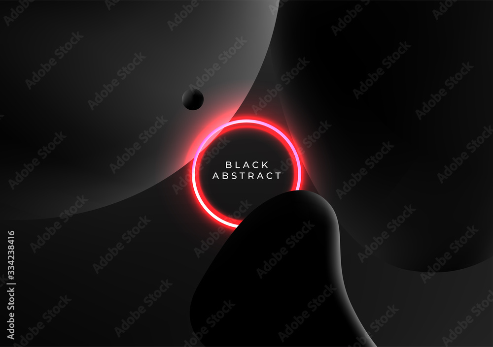Abstract black background with black liquid shapes and red neon glowing ...