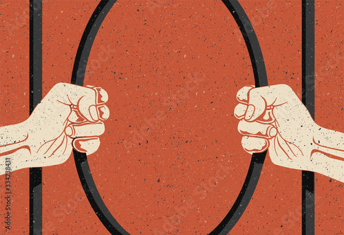 Two arms are breaking prisons bars. Freedom concept. Vintage styled vector illustration.