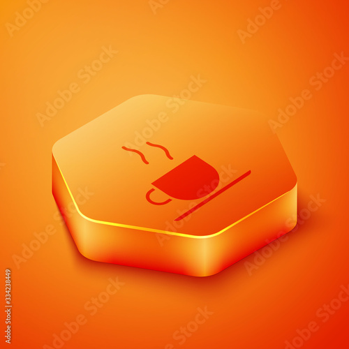 Isometric Coffee cup icon isolated on orange background. Tea cup. Hot drink coffee. Orange hexagon button. Vector Illustration