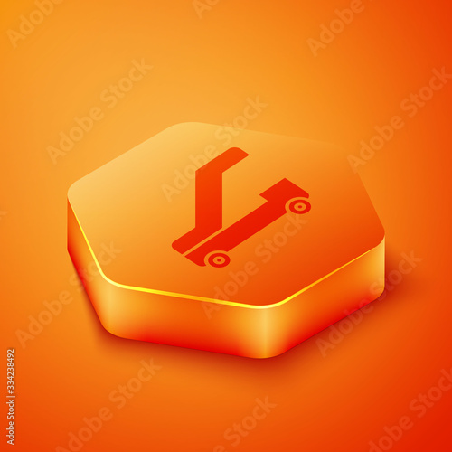 Isometric Passenger ladder for plane boarding icon isolated on orange background. Airport stair travel. Orange hexagon button. Vector Illustration