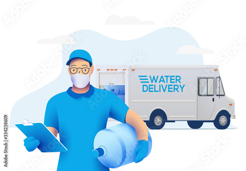 Delivery man in medical protective mask holding a big bottle with clean water and delivery truck on background. Water delivery service during quarantine concept. Vector illustration.