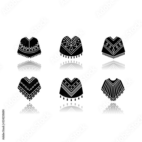 Poncho drop shadow black glyph icons set. Mexican, Peruvian, Brazilian wear. Hispanic ethnic woolen clothes. Traditional costume. Simple indian outerwear. Isolated vector illustrations on white space