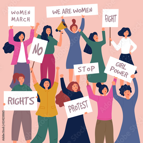 Feministic meeting. Woman protest female young characters with placards politic actions vector crowd people. Feministic meeting, politic action protest, activist with placard