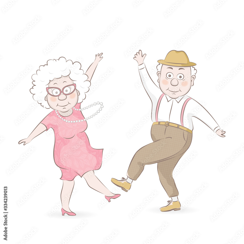 Old man and old woman dancing. Happy grandparents character design. Vector illustration in cartoon style. Old man and old woman dancing. Happy grandparents character design. Vector illustration in cartoon style.