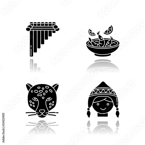 Peru drop shadow black glyph icons set. Peruvian art, cuisine, animal world, costume. Siku, ceviche, jaguar, chullo hat. Customs of andean culture. Isolated vector illustrations on white space