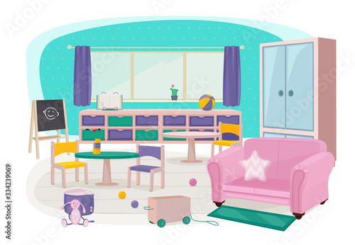 Children furniture. Toys for preschool kindergarten kids room soft furniture bedroom bed desk education items vector collection. Furniture interior table and desk, childhood stationery illustration