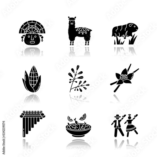 Peru drop shadow black glyph icons set. Hispanic history, traditions, culture, cuisine. Incas, alpaca, guinea pig, corn, coca, vanilla, ceviche, marinera. Isolated vector illustrations on white space