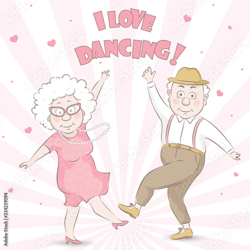 Old man and old woman dancing. Happy grandparents character design. Vector illustration in cartoon style.